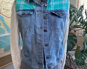 Upcycled Denim Jacket with Cream Cable Knit Sweater Sleeves and Teal Flannel Accent - M