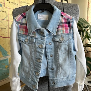 Upcycled Kids Denim Jacket with Sweater Sleeves and Multi-Color Flannel Accent - Size 5