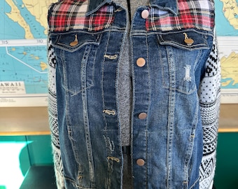 Upcycled Denim Jacket with Black and White Sweater Sleeves and Blue Plaid Accent - XS/S