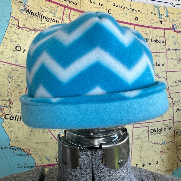 Upcycled Fleece Lined Beanie - Teal and White Chevron - No Pom Pom - Medium