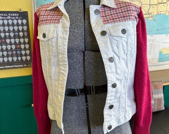 Upcycled White Denim Jacket with Pink Sweater Sleeves and Flannel Accent - S