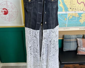 Upcycled Dark Wash Denim and White Lace Duster - Size M