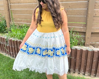 Upcycled Dress - Yellow and Blue with Fringe