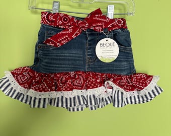 Upcycled Kids Denim Ruffle Skirt - Western Handkerchief - Size 2T