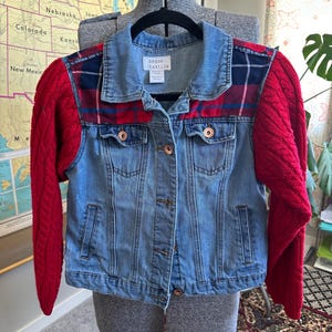 Upcycled Kids Denim Jacket with Sweater Sleeves and Red Flannel Accent - XL