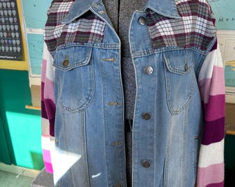 Upcycled Denim Jacket with Pink Striped Sweater Sleeves and Flannel Accent - XXL