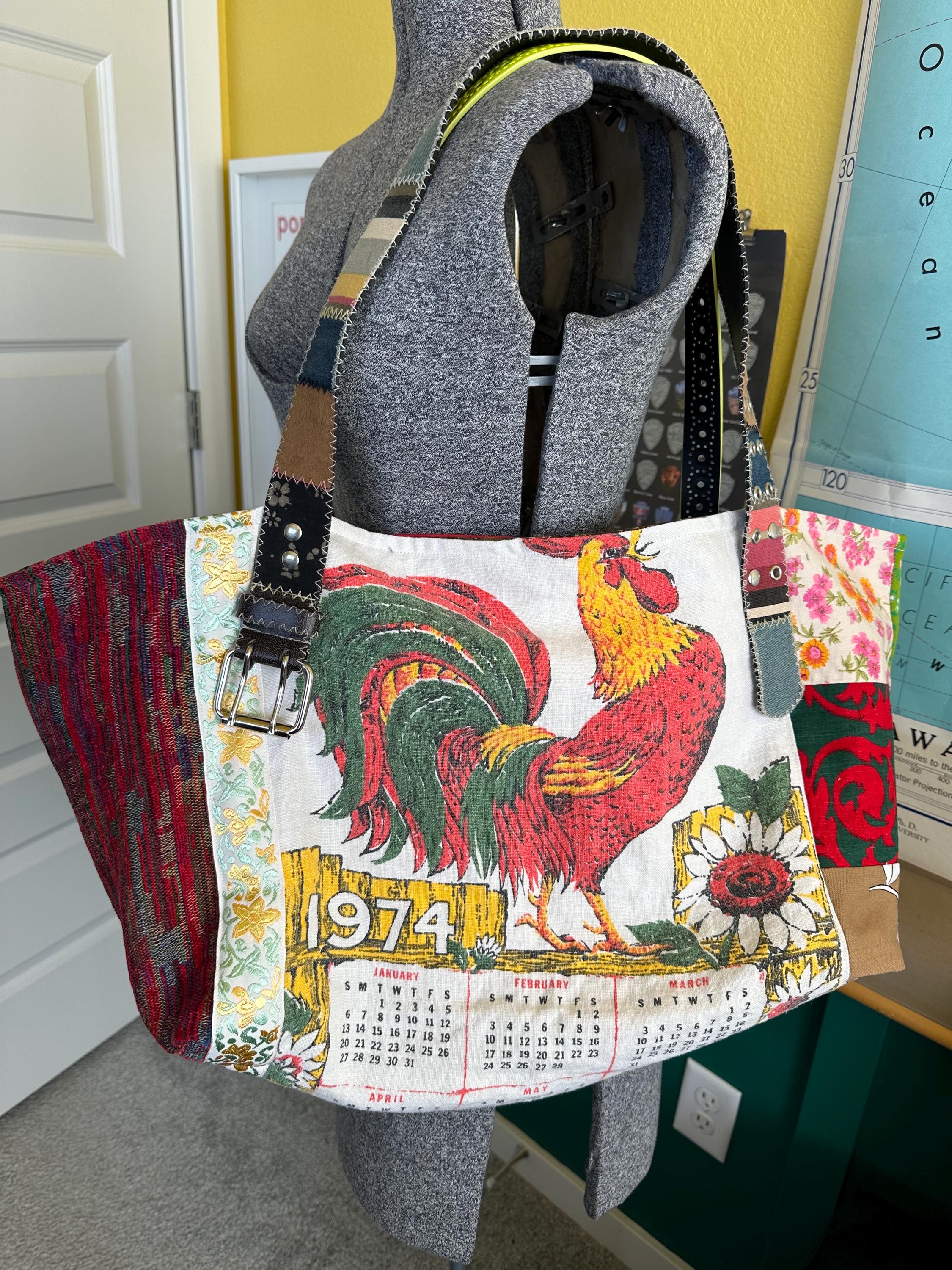 Upcycled Retro 1970's Shoulder Purse With Mixed Textiles and