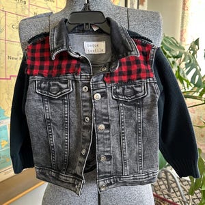 Upcycled Kids Denim Jacket with Sweater Sleeves and Red Flannel Accent - Size 4T