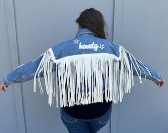 Upcycled Western Rhinestone Sparkle Fringe Cropped Denim Jacket - M/L