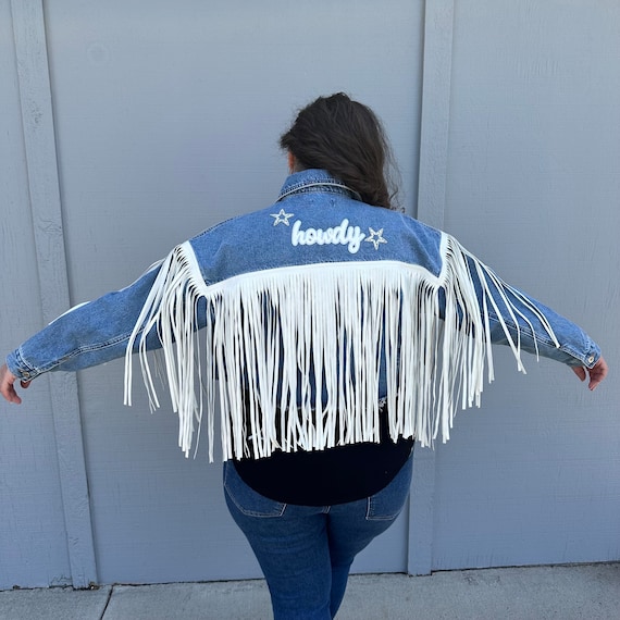 【EEUN】Crop fringe denim jacket Upcycled Western Rhinestone Sparkle Fringe Cropped Denim