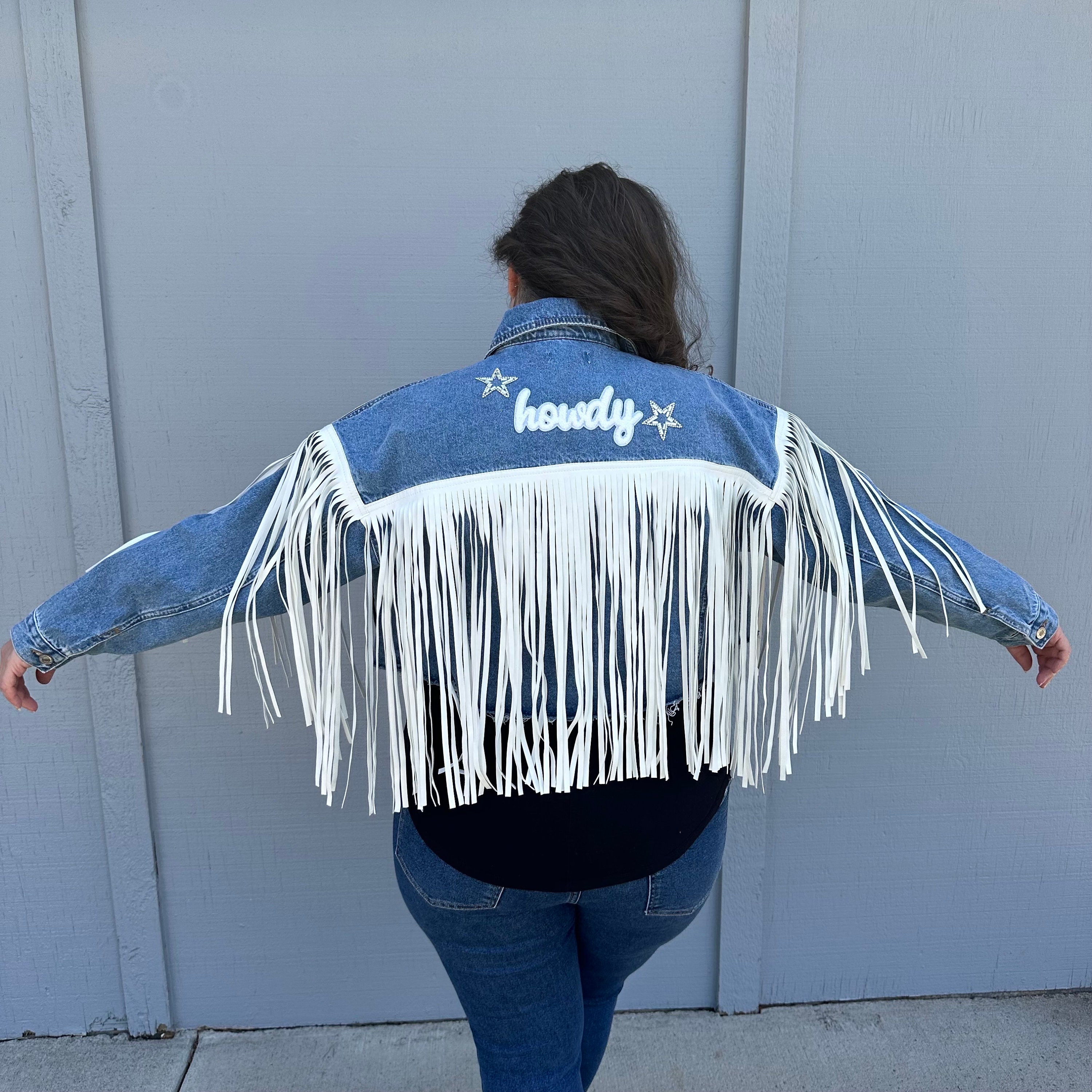 【EEUN】Western Fringe Patch Denim Rhinestone Jean Jacket / Fringe Denim Jacket / Women's Crop