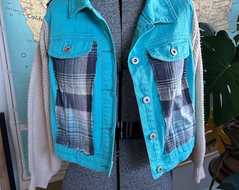 Upcycled Aqua Denim Jacket with Beige Sweater Sleeves and Blue Flannel Accent - S/M