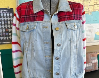 Upcycled Denim Jacket with Striped Sweater Sleeves and Flannel Accent - M