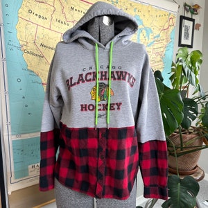 Upcycled Flannel Hoodie Sweatshirt - Size XS/S - Chicago Blackhawks Hockey