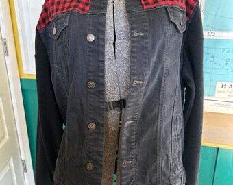 Upcycled Black Denim Jacket with Black Sweater Sleeves and Red and Black Plaid Accent - Men's XL