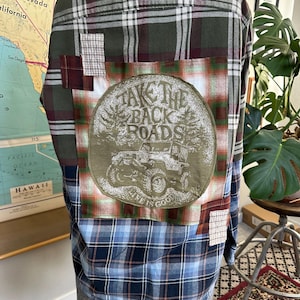 Upcycled Flannel Art Shirt - Take the Back Roads - Size L