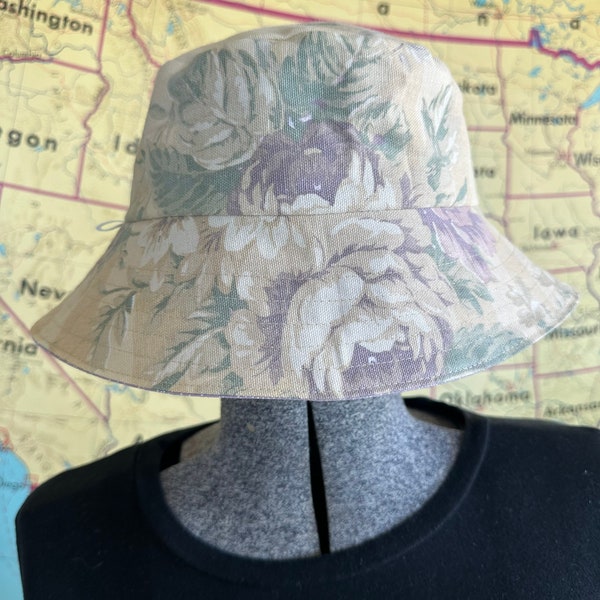 Upcycled Reversible Bucket Hat - Neutral Floral Stripe Canvas