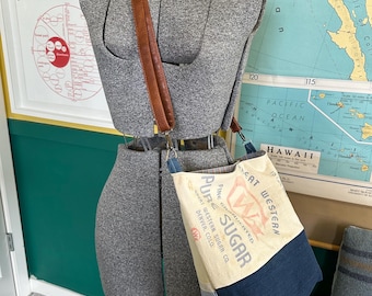 Upcycled Boho Crossbody Purse with Vintage Sugar Sack and Embroidered Tea Towel - Medium