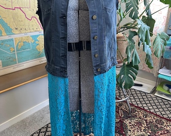 Upcycled Black Denim and Turquoise Lace Duster - Size M