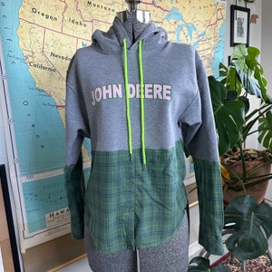 Upcycled Flannel Hoodie Sweatshirt - Size S - John Deere