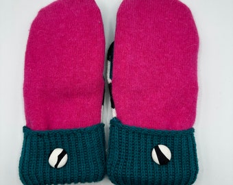 Upcycled Wool Sweater Mittens -- Fuschia, Teal, Black and White