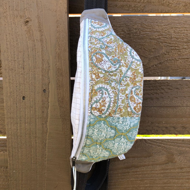 Small Quilted Upcycled Fanny Packs Calm Paisley with Grid