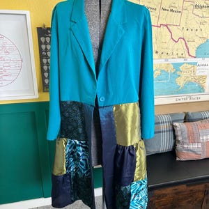 Upcycled Bright Teal Patchwork Duster Jacket - Size Large