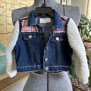 Upcycled Kids Denim Jacket with Sherpa Sparkle Sleeves and Pink Flannel Accent - Size 24M