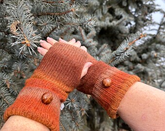 Upcycled Sweater Fingerless Gloves - Rusty Orange Ombre