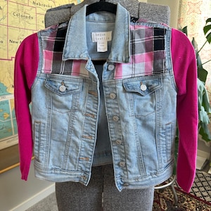 Upcycled Kids Denim Jacket with Sweater Sleeves and Pink Flannel Accent - L (10-12)