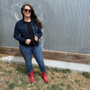 Upcycled Denim Jacket with Black Lace and Stud Accent - Size M