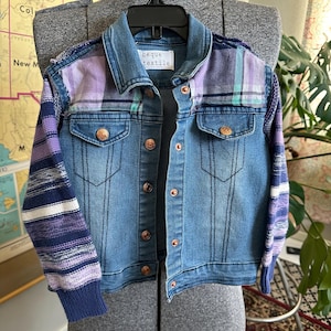 Upcycled Kids Denim Jacket with Sweater Sleeves and Purple Flannel Accent - Size 4T