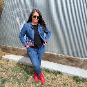 Upcycled Denim Jacket with Floral Embroidery and Button Accent - Size S/M