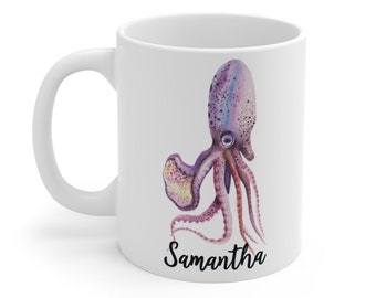 Custom squid mug, personalized squid coffee cup, squid lovers, gift ideas, squid mug, squid with name