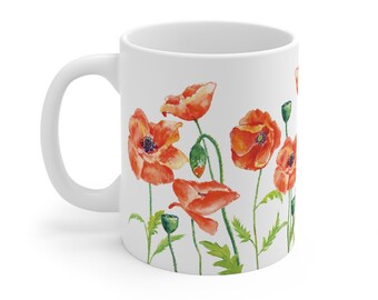 Poppy mug, florist gift, flower mug, mothers day flower mug, gift for Gardner, floral mug, red poppies mug, birthday gift, red poppy mug