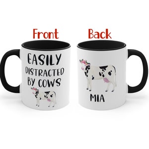 Easily distracted by cows mug with name personalization on the back, gift for animal lover, personalized cow mug, cow mug, custom cow mug
