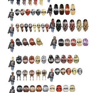 May include: A chart with 109 different hair styles for a digital illustration of a woman wearing a black leather jacket. The hair styles are numbered and lettered. The chart is titled "Group I".