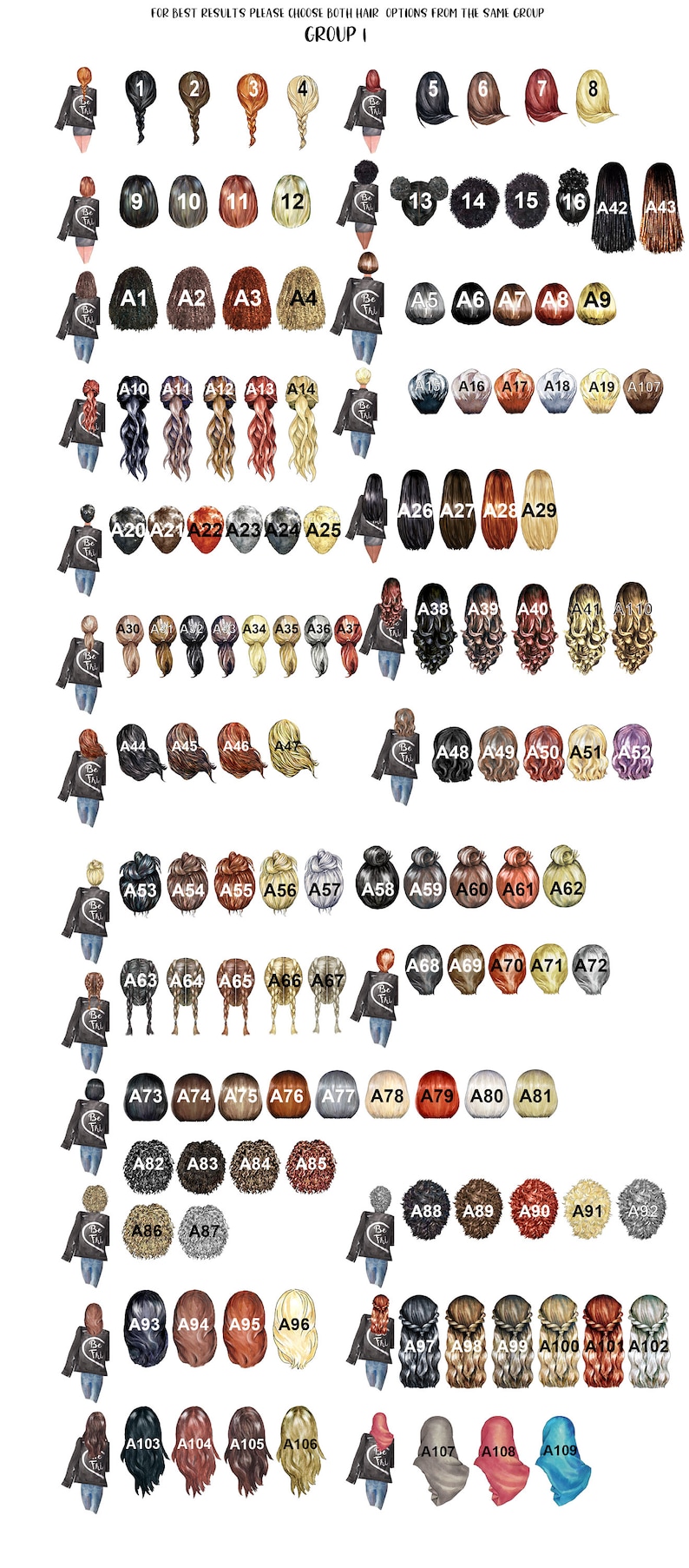 May include: A chart with 109 different hair styles for a digital illustration of a woman wearing a black leather jacket. The hair styles are numbered and lettered. The chart is titled "Group I".