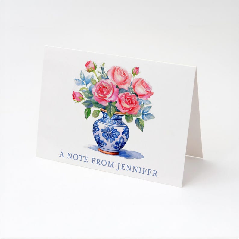 Personalized Blue Vase & Pink Roses Note Cards With Name, Fold Over ...