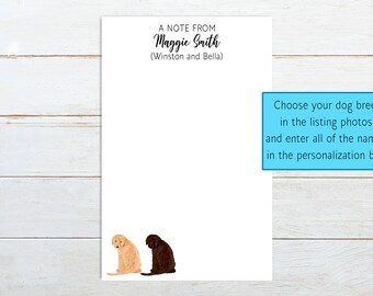 May include: A white card with a note from Maggie Smith (Winston and Bella). The card has a light brown and a black dog sitting on it. The text "Choose your dog breed in the listing photos and enter all of the names in the personalization box." is in a blue box on the right side of the card.