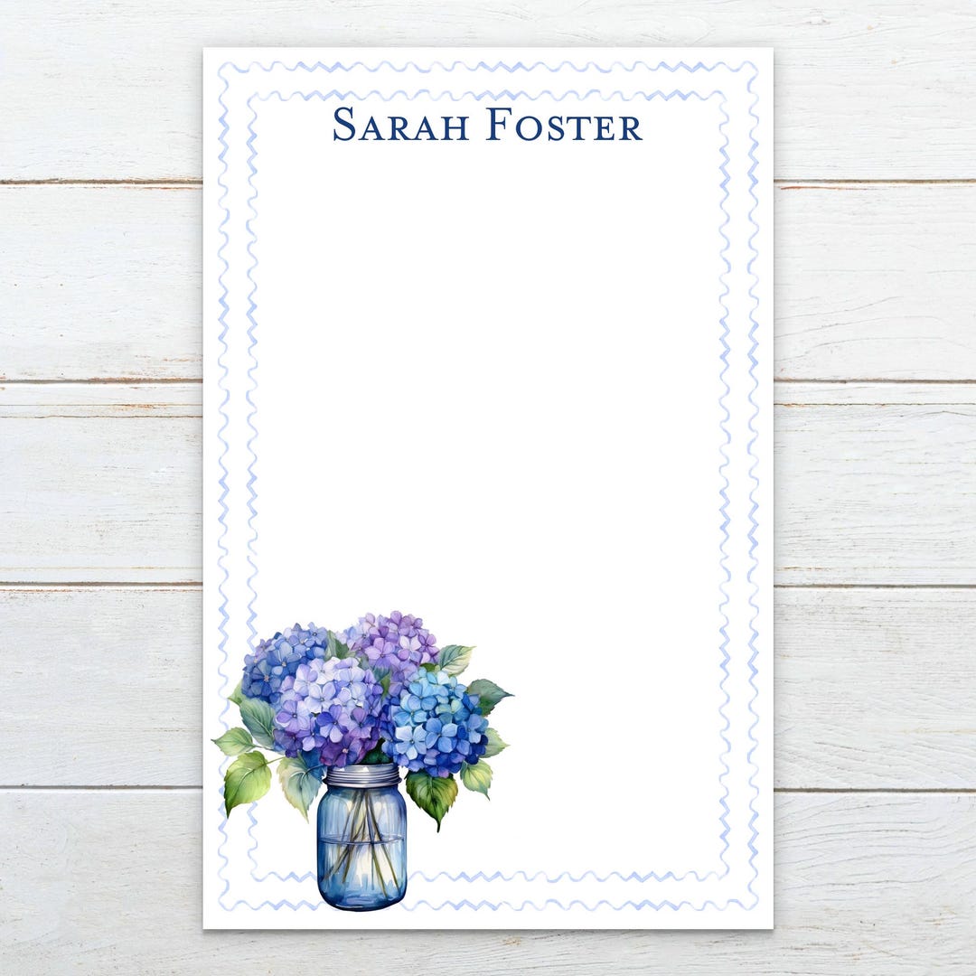 Personalized Hydrangea Watercolor Flowers in a Jar Notepad With Name ...