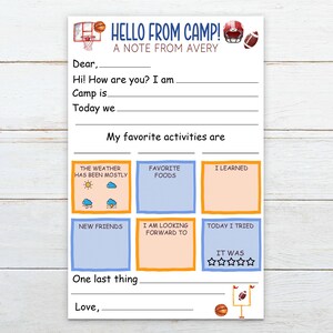 May include: A printable camp letter template with a basketball and football graphic. The letter includes prompts for the camper to write about their favorite activities, new friends, and what they learned at camp.