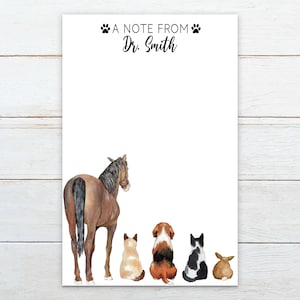 May include: A note pad with a white background and a brown horse, a cat, two dogs, and a rabbit. The text "A note from Dr. Smith" is at the top of the page.