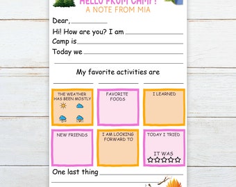Fill in the blank Girl Summer camp stationery, a note from camp, personalized summer camp notepad, gift for girl campers