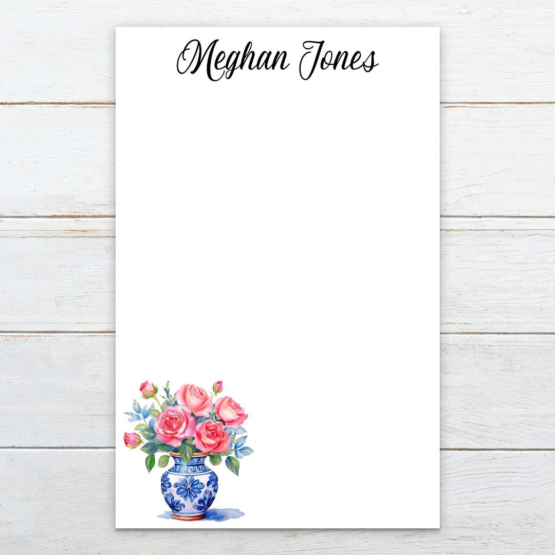 Personalized Floral Notepad With Blue Vase & Pink Roses - Custom Name ...