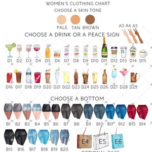 May include: A women's clothing chart with options for skin tone, drinks, bottoms, and optional bags. The chart includes illustrations of various drinks, skirts, shorts, and jeans, with text labels for each item.