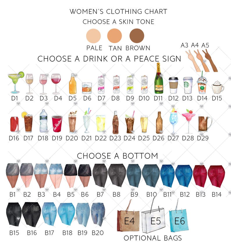 May include: A women's clothing chart with options for skin tone, drinks, bottoms, and optional bags. The chart includes illustrations of various drinks, skirts, shorts, and jeans, with text labels for each item.