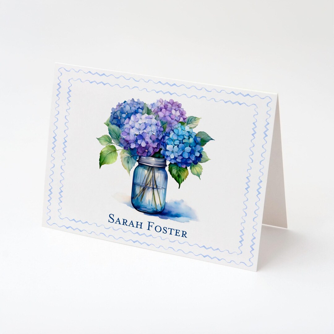 Personalized Hydrangea Note Cards With Name, Fold Over Stationery Cards ...