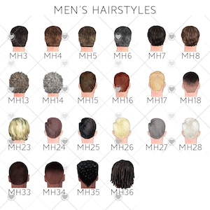 Puede incluir: Un gr&aacute;fico de 36 peinados masculinos diferentes, etiquetados con los n&uacute;meros MH1 a MH36.