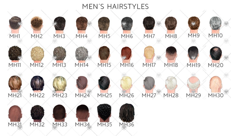 Puede incluir: Un gr&aacute;fico de 36 peinados masculinos diferentes, etiquetados con los n&uacute;meros MH1 a MH36.